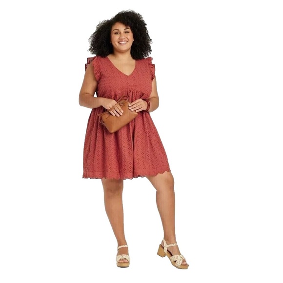 Women's Desert Red Ruffle Short Sleeved Eyelet A-Line Dress ~ Knox Rose XL - Picture 2 of 4